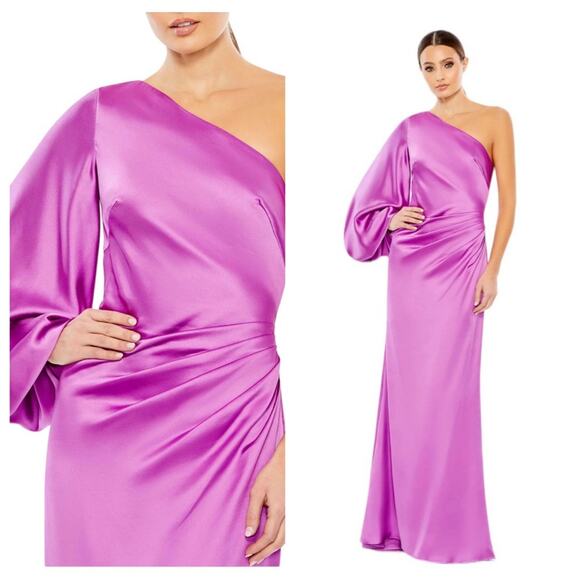 NWT IEENA for MAC DUGGAL Orchid One Shoulder Satin Puff Sleeve Side Ruched Gown - Picture 1 of 13